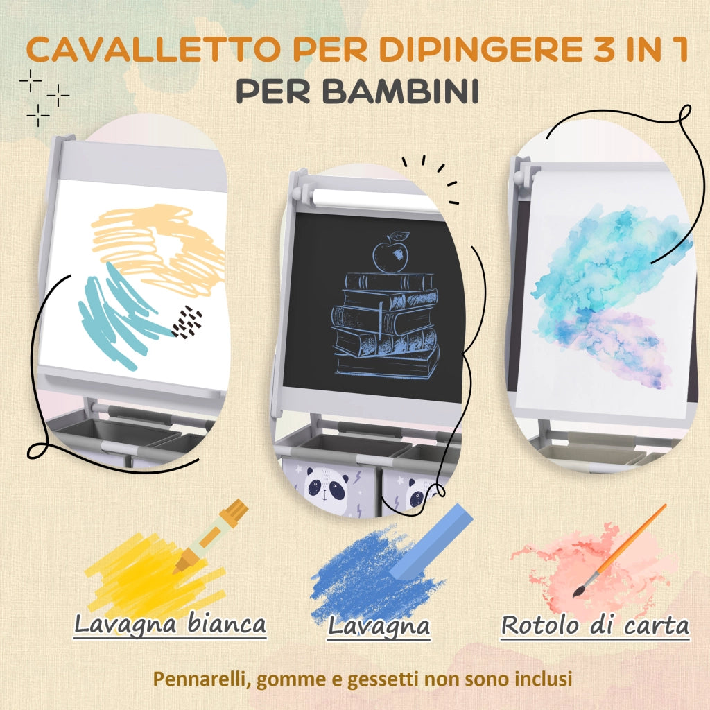 Lavagna Cavalletto 3 in 1 per Bambini ¨C Xylo ¨C Grigio con 2 Contenitori 54x46.5x93cm