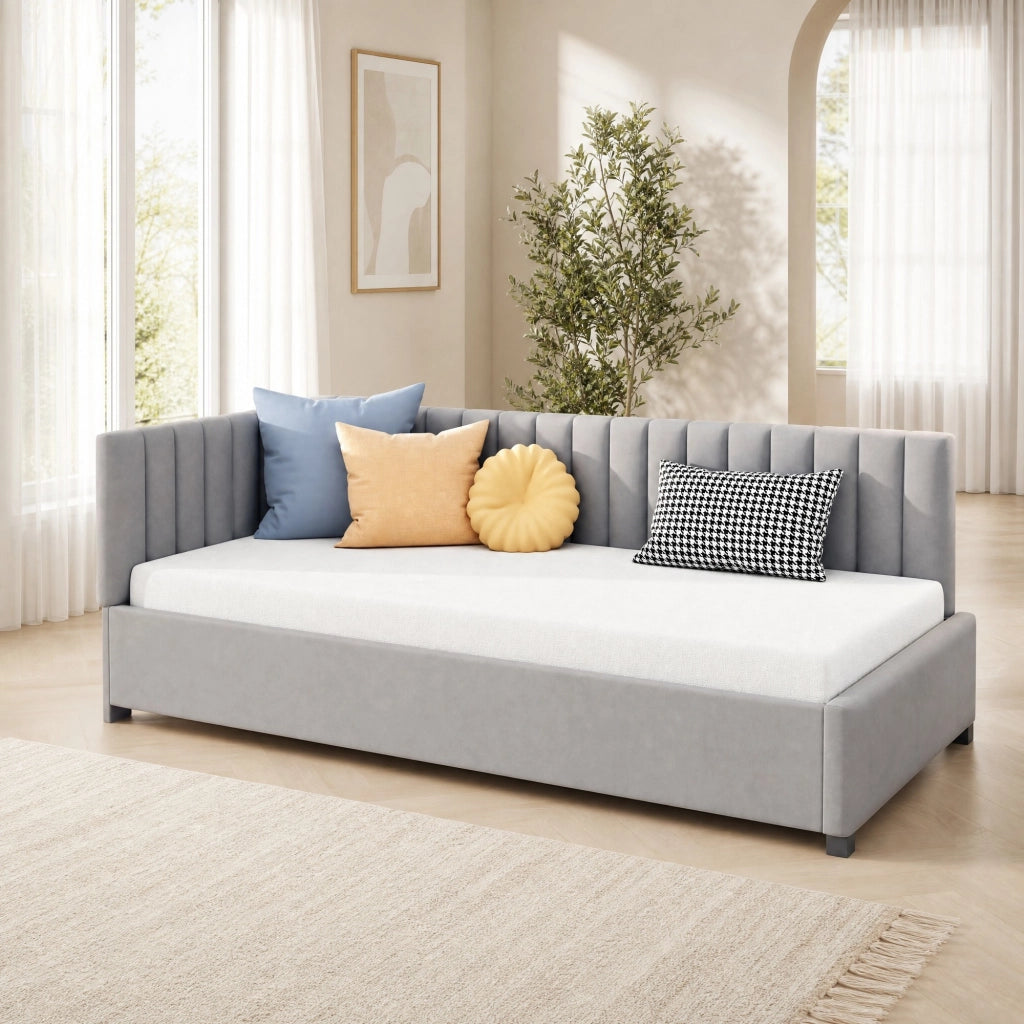 Divano letto 90 × 200 cm con rete a doghe e testiera reversibile in velluto grigio 197 × 97 × 65 cm