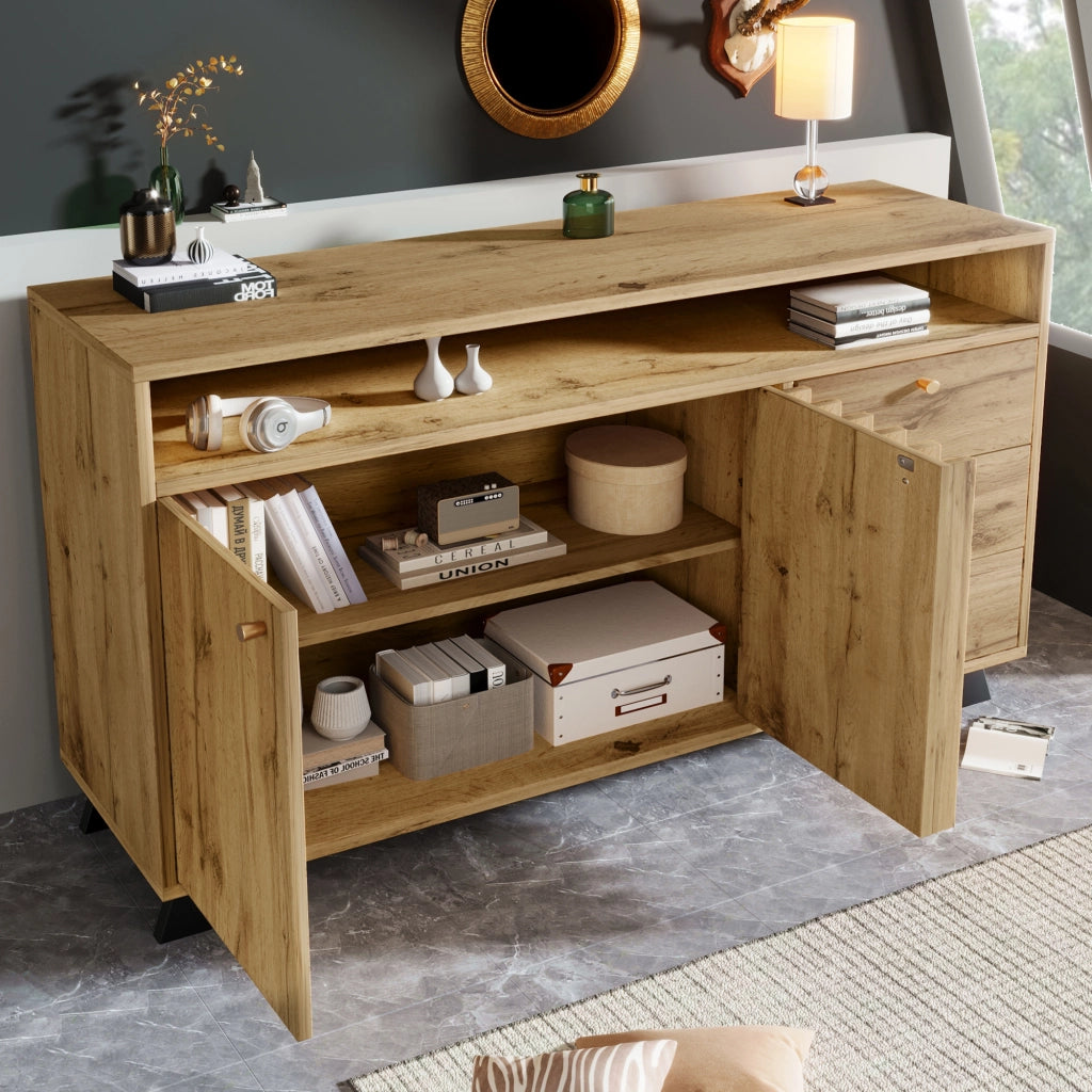 Credenza vintage con 3 cassetti; 2 ante e vano aperto 120x40x85 cm; rovere scuro