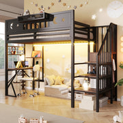Letto a Soppalco 90x200 cm con Scrivania; LED; USB; Scala e Sponde; Nero