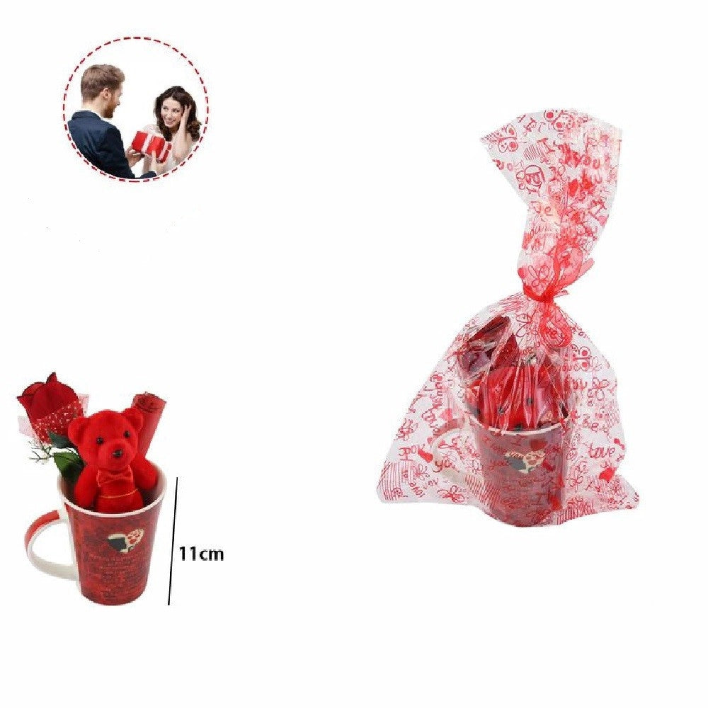 Trade Shop - Tazza Con Peluche Orsetto Rosso Regalo San Valentino Con Fiore Confezione 63297 -