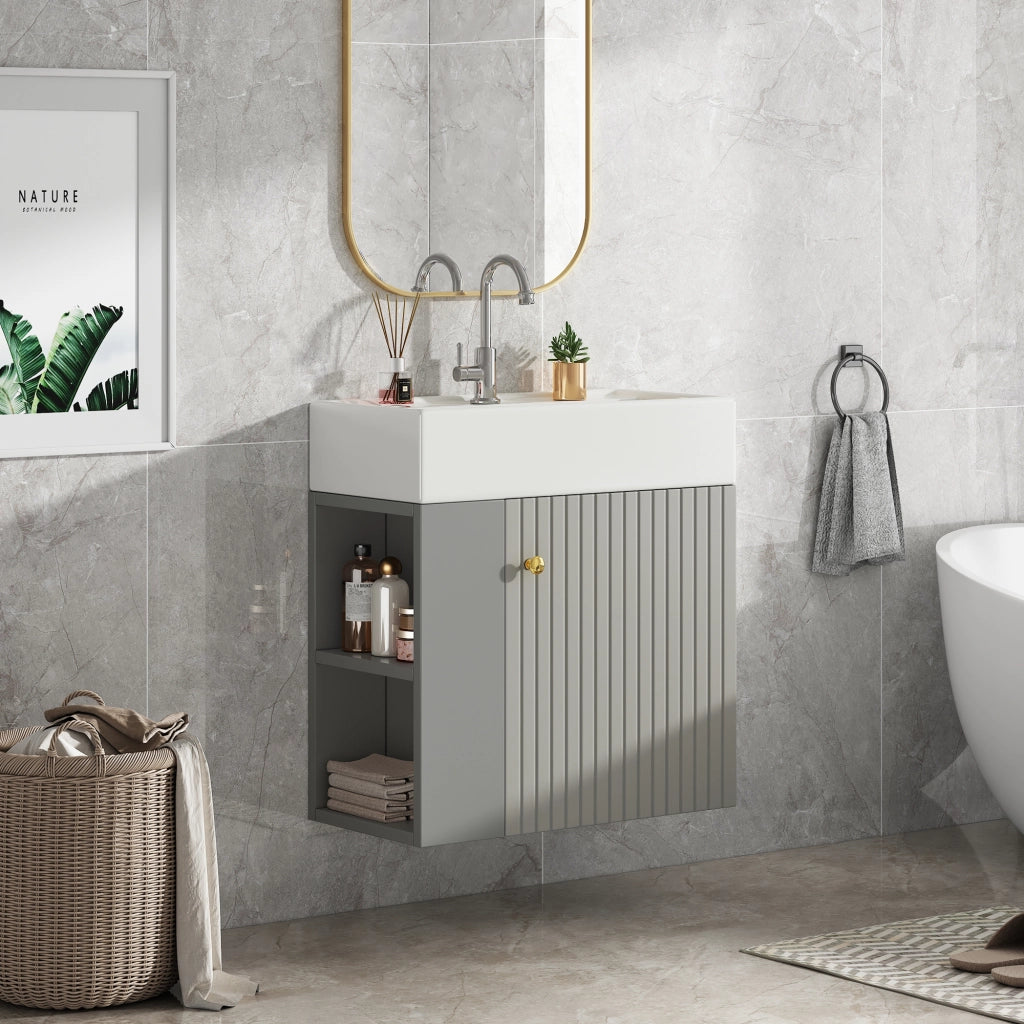 Mobiletto con lavabo in truciolato grigio e bianco con ripiani laterali e lavabo in ceramica 69 × 52 × 32 cm