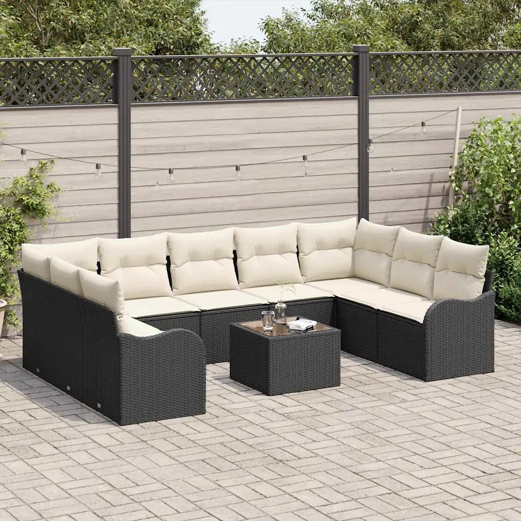 Set Divano da Giardino 10 pcs Nero e bianco Poly Rattan