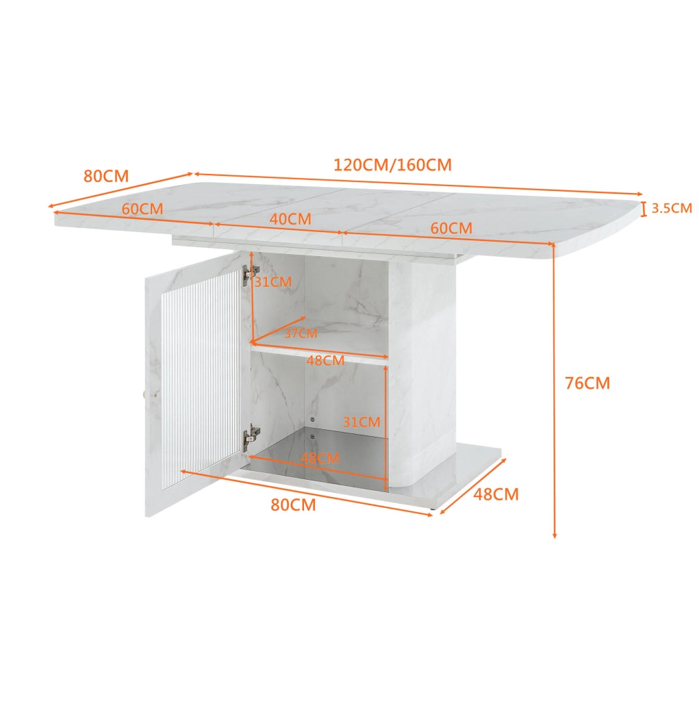 Tavolo da pranzo allungabile 120-160x80 cm con mobile contenitore; MDF e acciaio; bianco