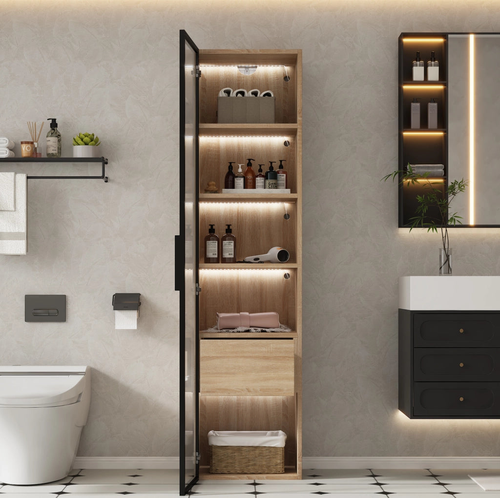 Mobiletto da bagno medio con luce, 40 cm di larghezza, 1 cassetto grande e 1 anta in vetro temperato