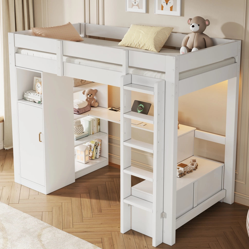 Letto a Soppalco 90x200 cm con Scrivania; Armadio; LED; USB; Scala e Sponde; Bianco