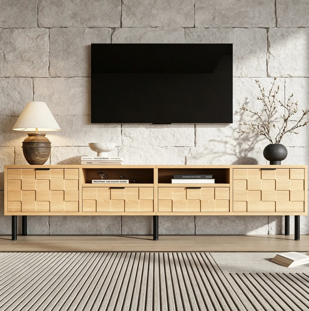 Mobile porta TV 200 cm effetto legno naturale con 2 ante e 2 cassetti