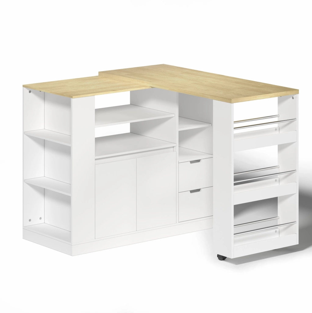 Isola cucina 115x50x92 cm con piano girevole estraibile; 2 cassetti e ripiani bianco/naturale HOMVRA