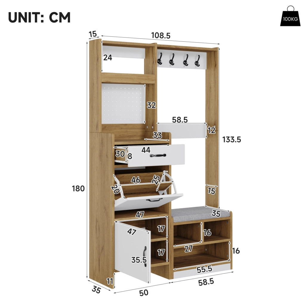 Guardaroba moderno per ingresso con scarpiera, panca imbottita, appendiabiti, cassetto, anta, vano a ribalta e ripiani aperti, rovere/bianco, 108,5 x 35 x 180 cm