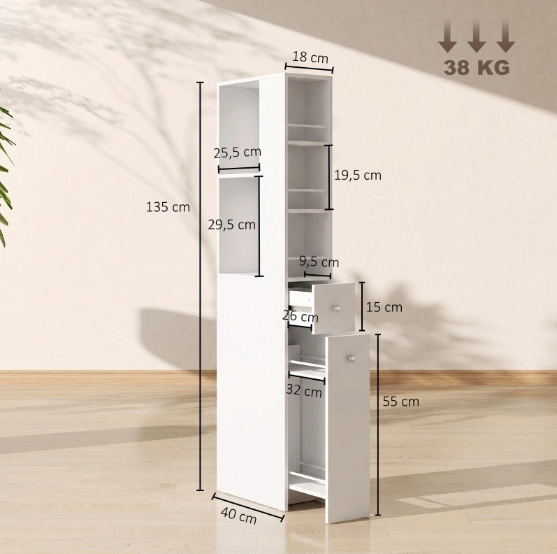 Armadio bagno alto slim 135 cm con 2 cassetti, 2 ripiani laterali e 3 scomparti, bianco