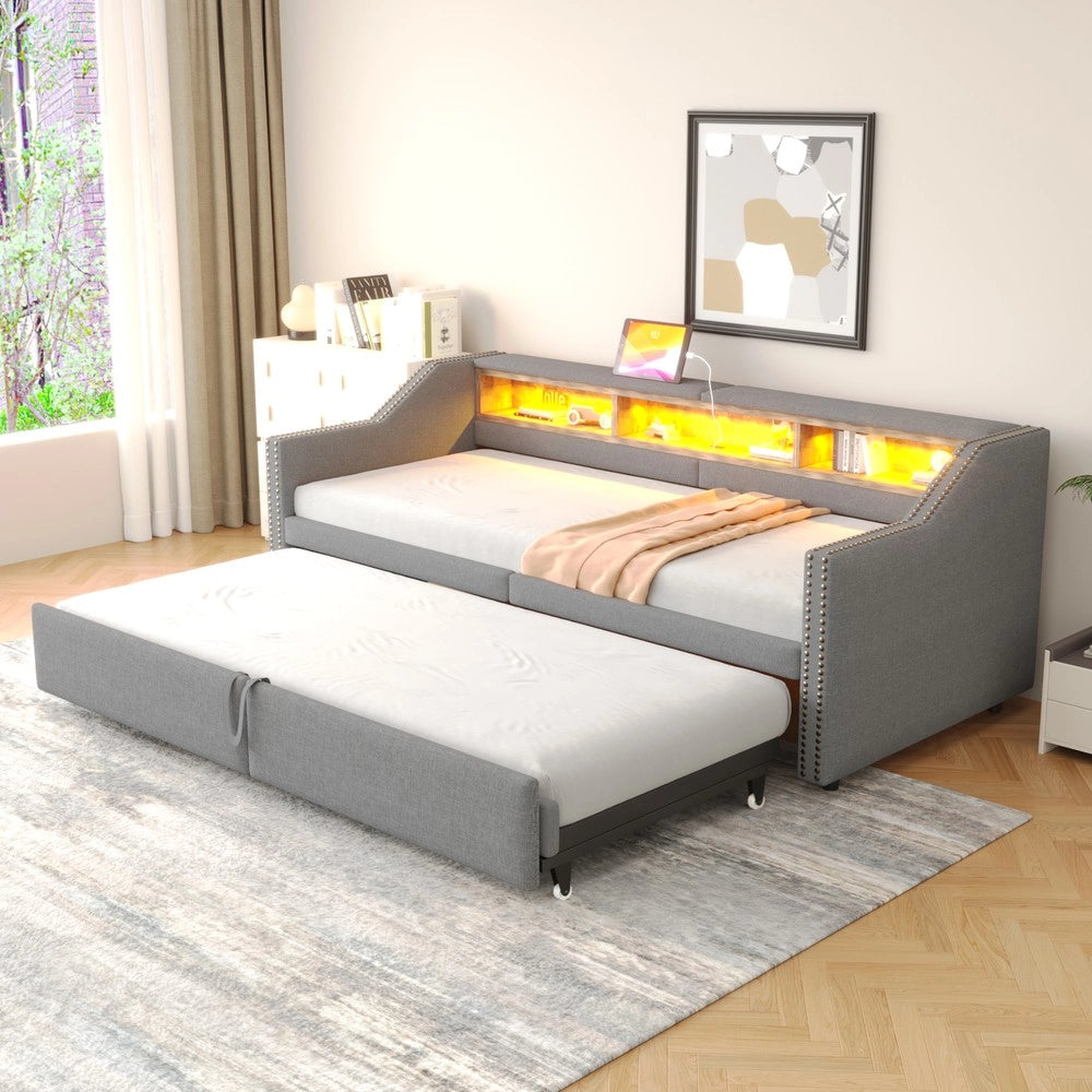 Letto Imbottito Estraibile con Contenitore, LED e USB ¨C Xylo ¨C 90/180x200 cm, Grigio Chiaro, con Materasso