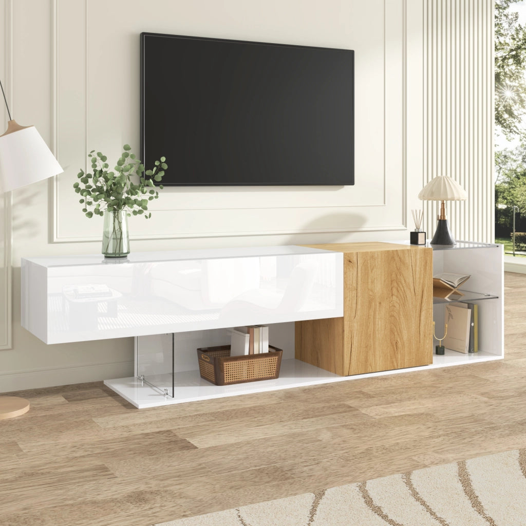 Mobile TV con 2 ante e ripiani in vetro; pannello truciolare bianco effetto legno 180 × 38 × 48 cm