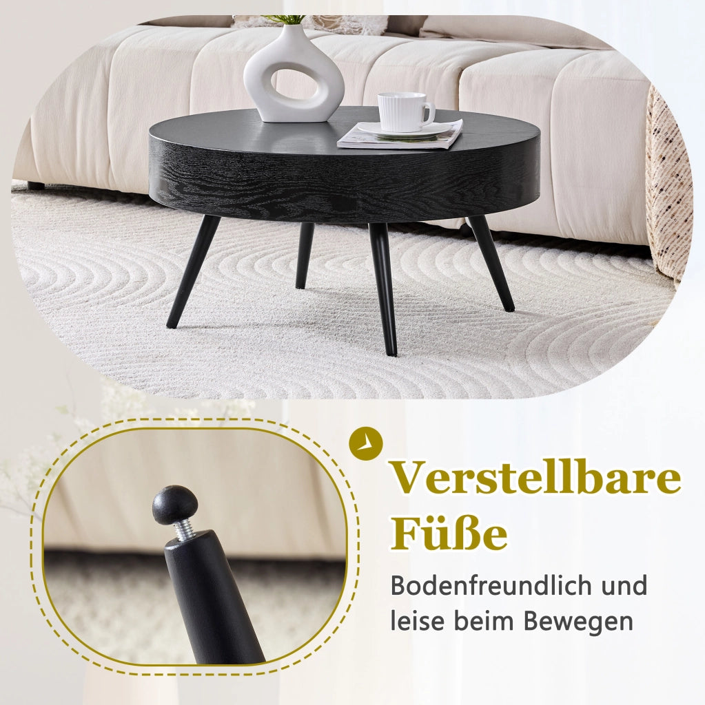 Tavolino rotondo in MDF effetto legno nero con gambe in metallo nero, Ø 70 cm, design minimalista per soggiorno