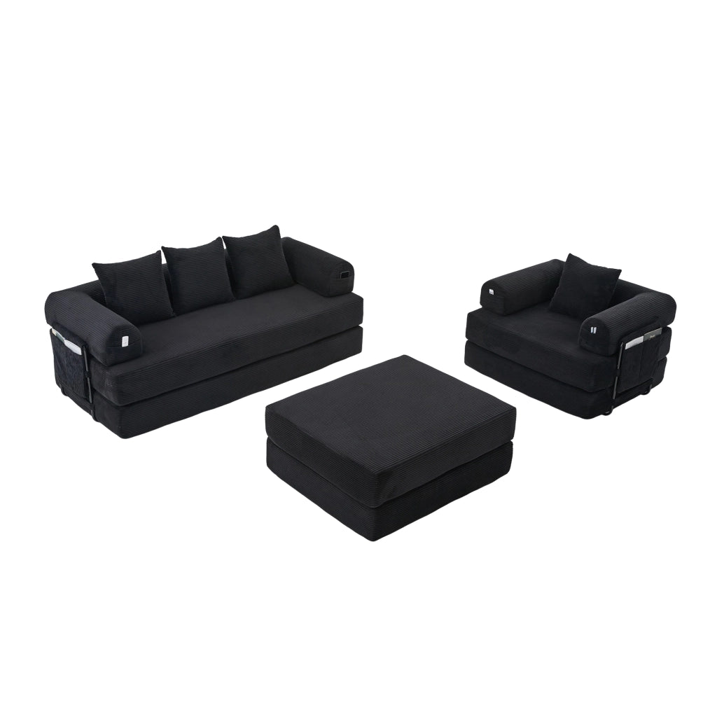 Set divano modulare 3 posti con poltrona e pouf in velluto a coste nero