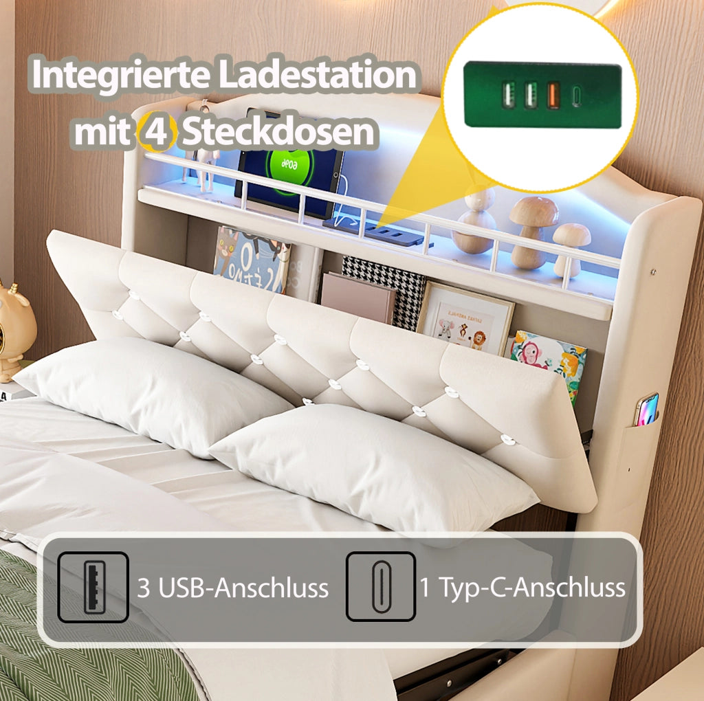 Letto imbottito per bambini 90x200 con LED e prese USB