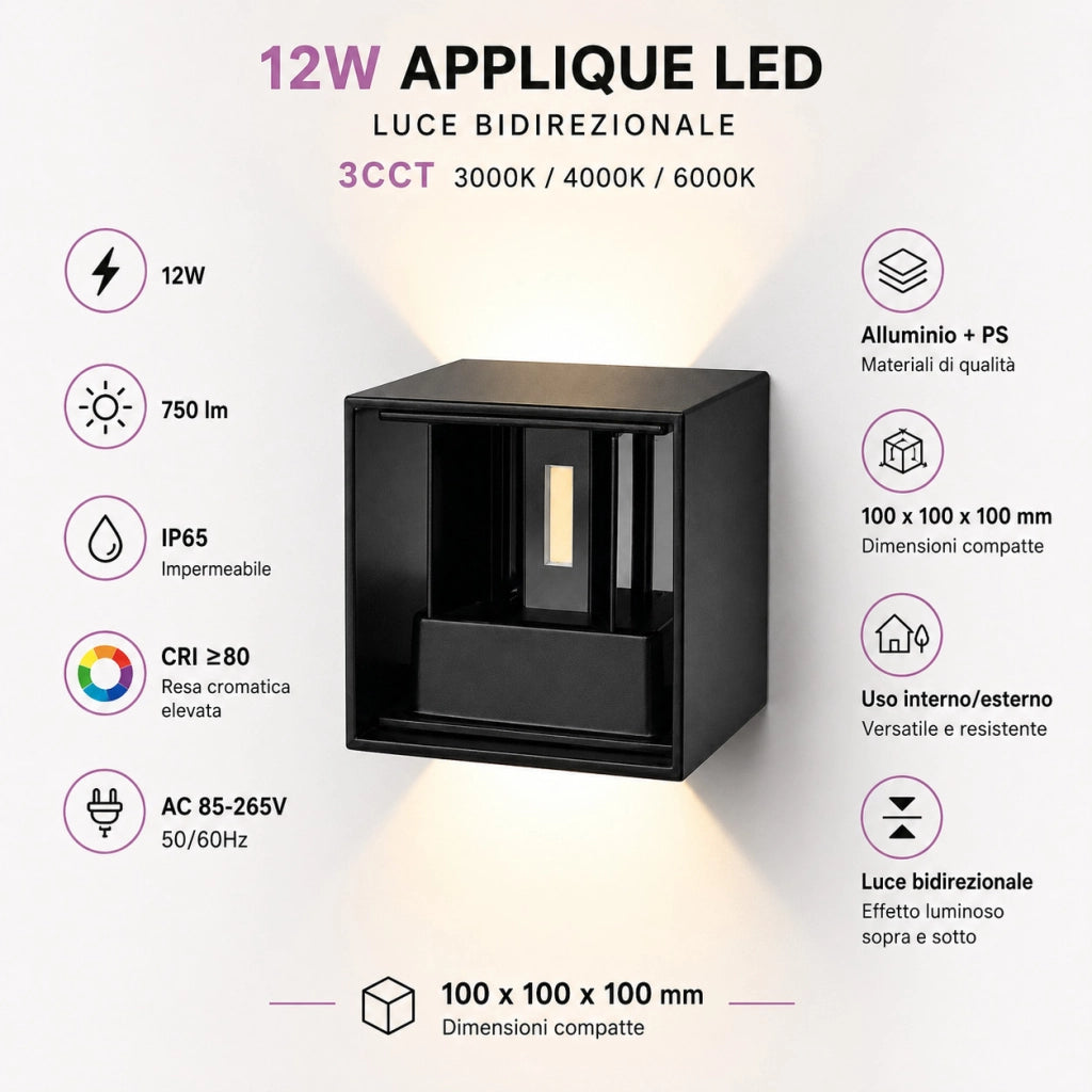 APPLIQUE LED 12W ESTERNO LAMPADA PARETE NERA IP65 3000K 4000K 6000K ET-31687