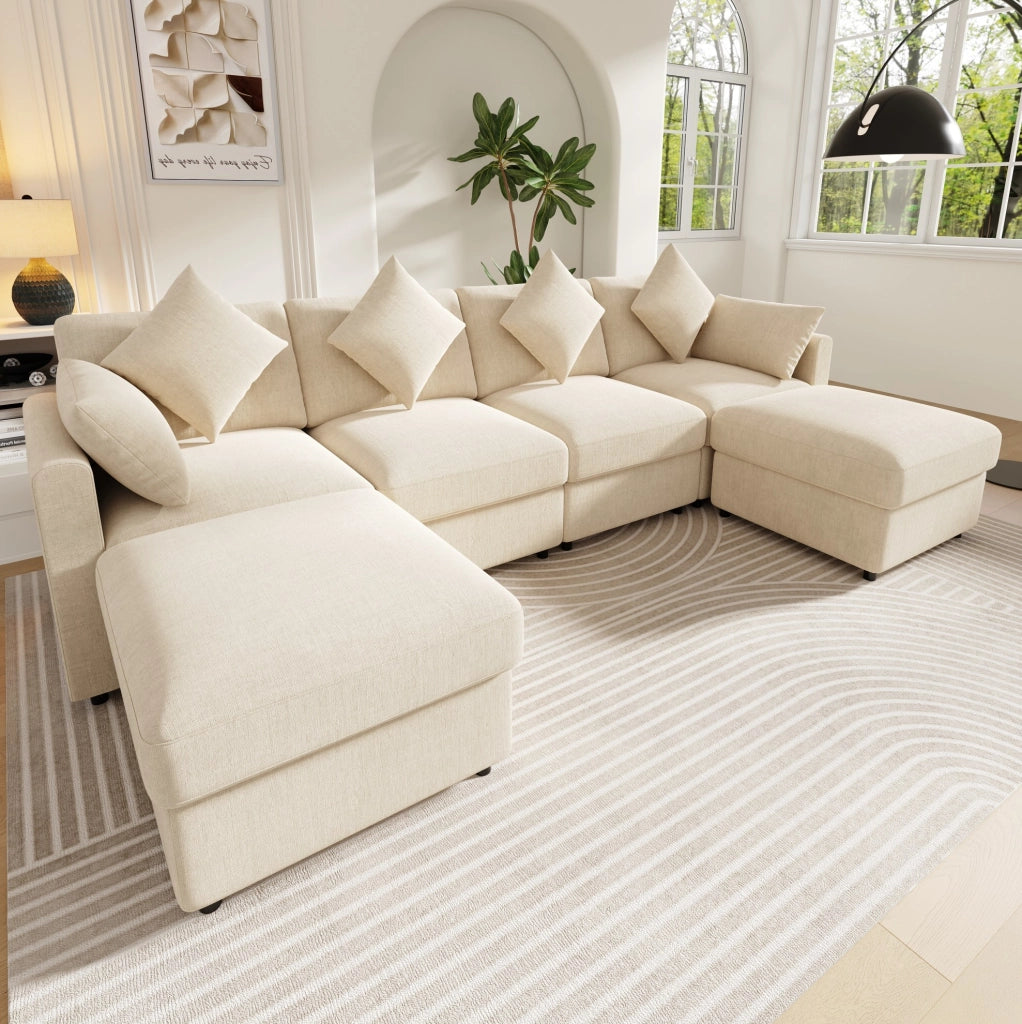 Divano modulare a forma di U/L in tessuto chenille beige con 2 pouf, 4 cuscini decorativi e 2 poggiatesta, braccioli regolabili
