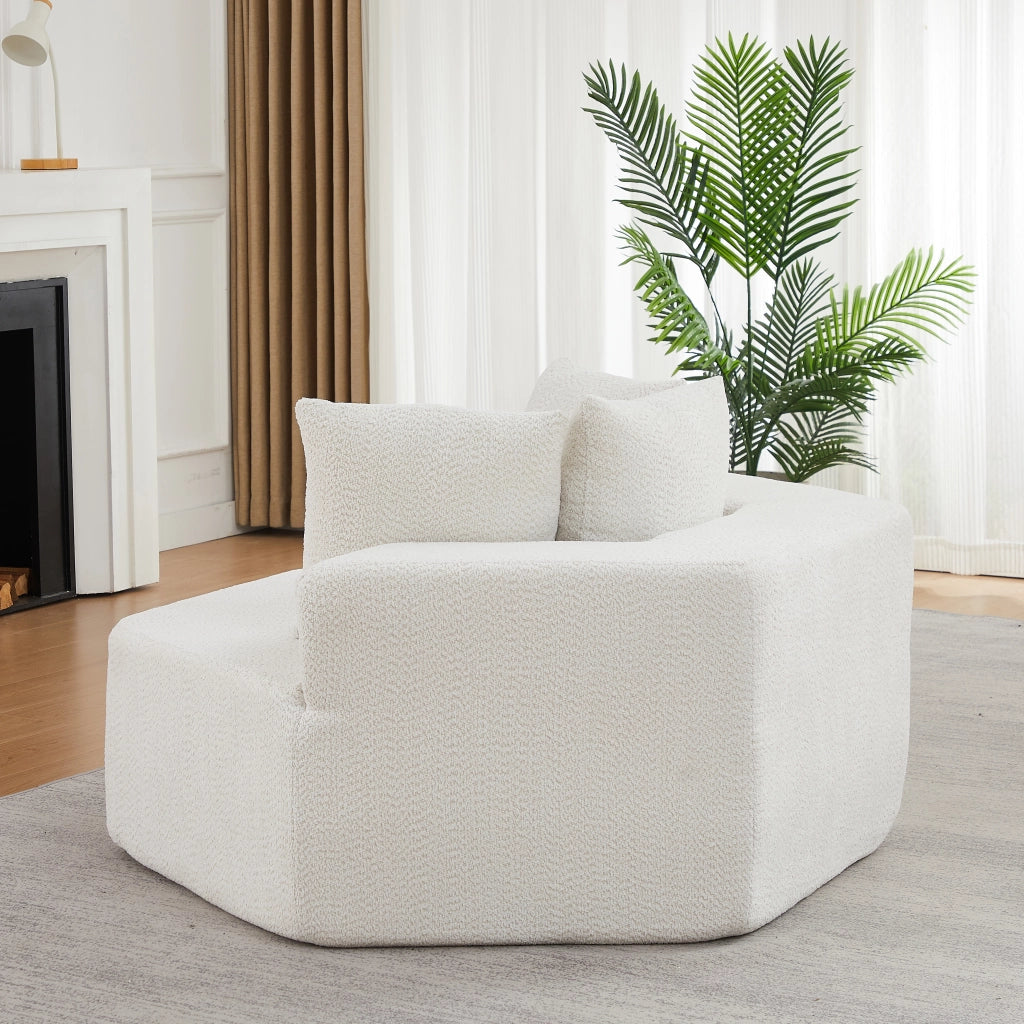 Poltrona pouf modulare esagonale con tre cuscini e base antiscivolo per soggiorno in ciniglia beige