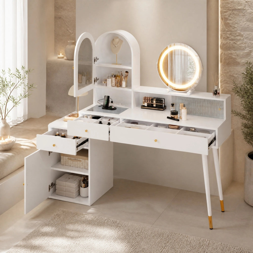 Toeletta bianca con specchio LED, prese e piano estensibile