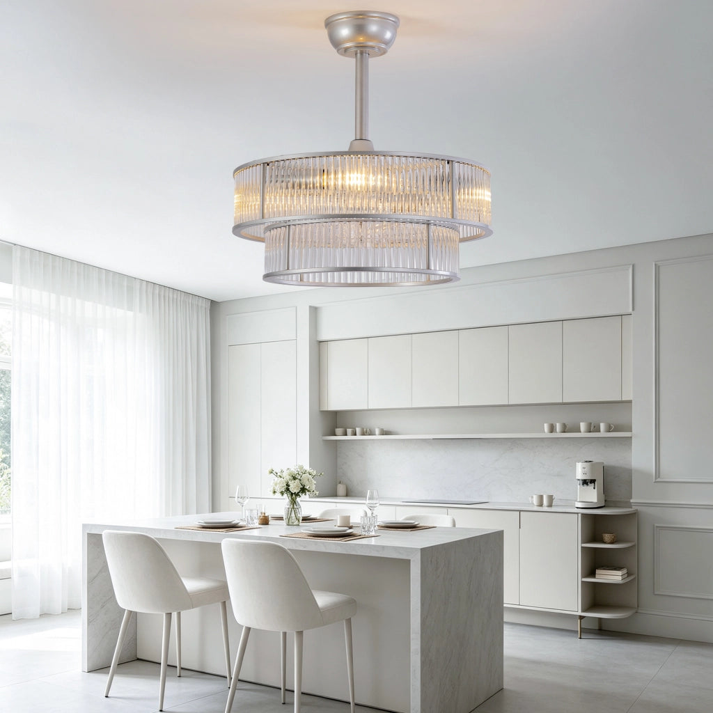 Ventilatore da soffitto con lampada, cristalli e 4 attacchi E26, argento, 53 × 53 × 30 cm, app e telecomando