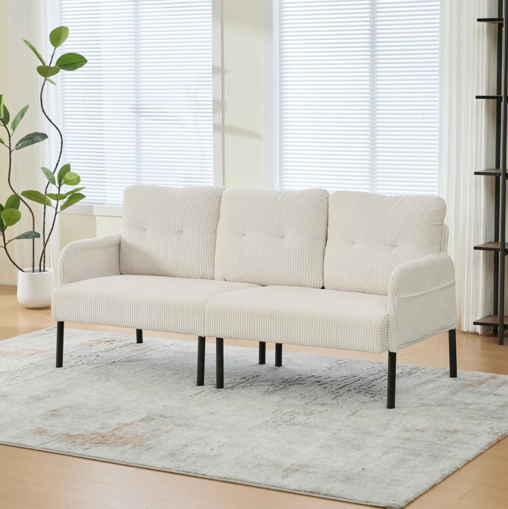 Divano 3 posti in tessuto corduroy beige con tasche laterali; 171 x 72 x 80 cm