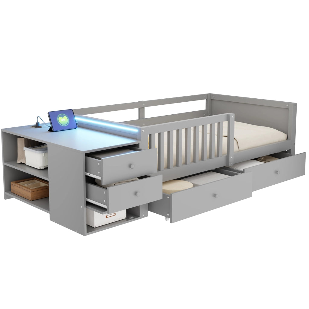 Letto per bambini 90 x 200 cm - letto singolo con contenitore, scrivania, 2 cassetti, ripiani, presa, LED e sponda di sicurezza - legno e MDF - grigio