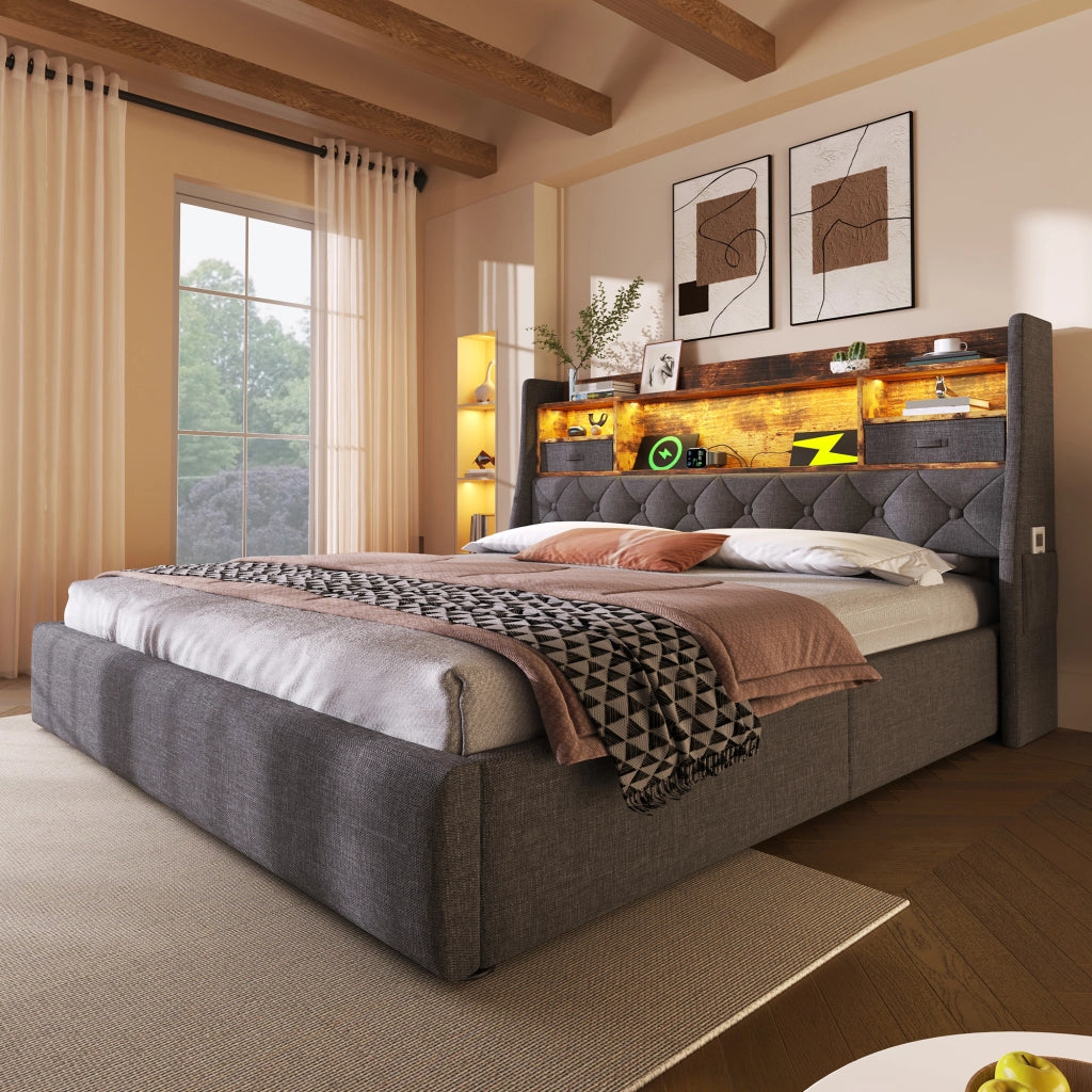 Letto contenitore matrimoniale imbottito 180x200 cm con testiera LED; 4 porte USB/USB-C; sollevamento idraulico; rete a doghe; lino grigio