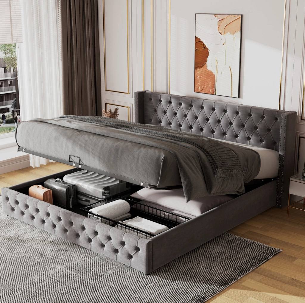 Letto matrimoniale 180x200 cm con contenitore idraulico in velluto; grigio