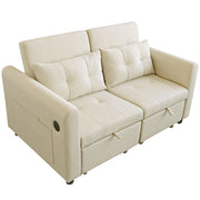 Divano letto 2 posti 3 in 1 beige in tessuto effetto lino con schienale regolabile; USB e tasche