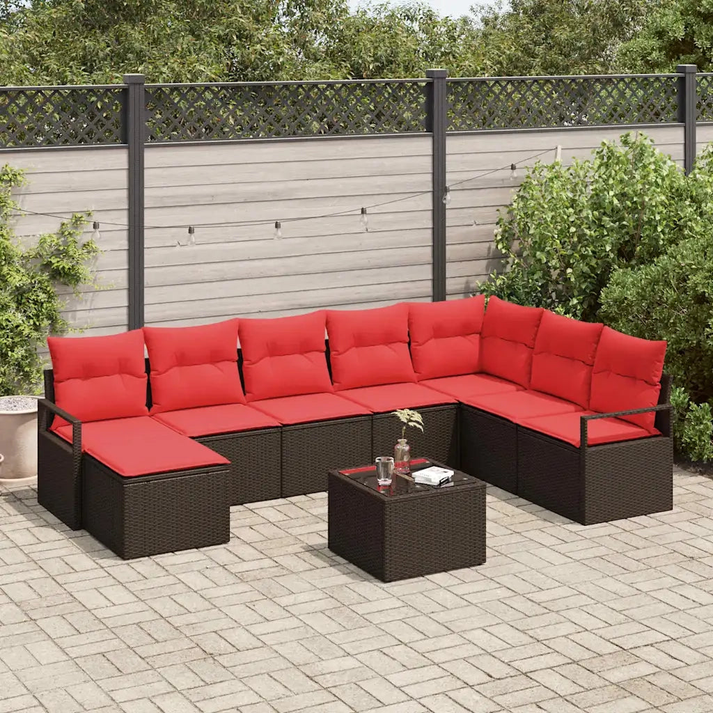 Set di divani con cuscino 9 pcs Marrone e Rosso polyrattan 3355183