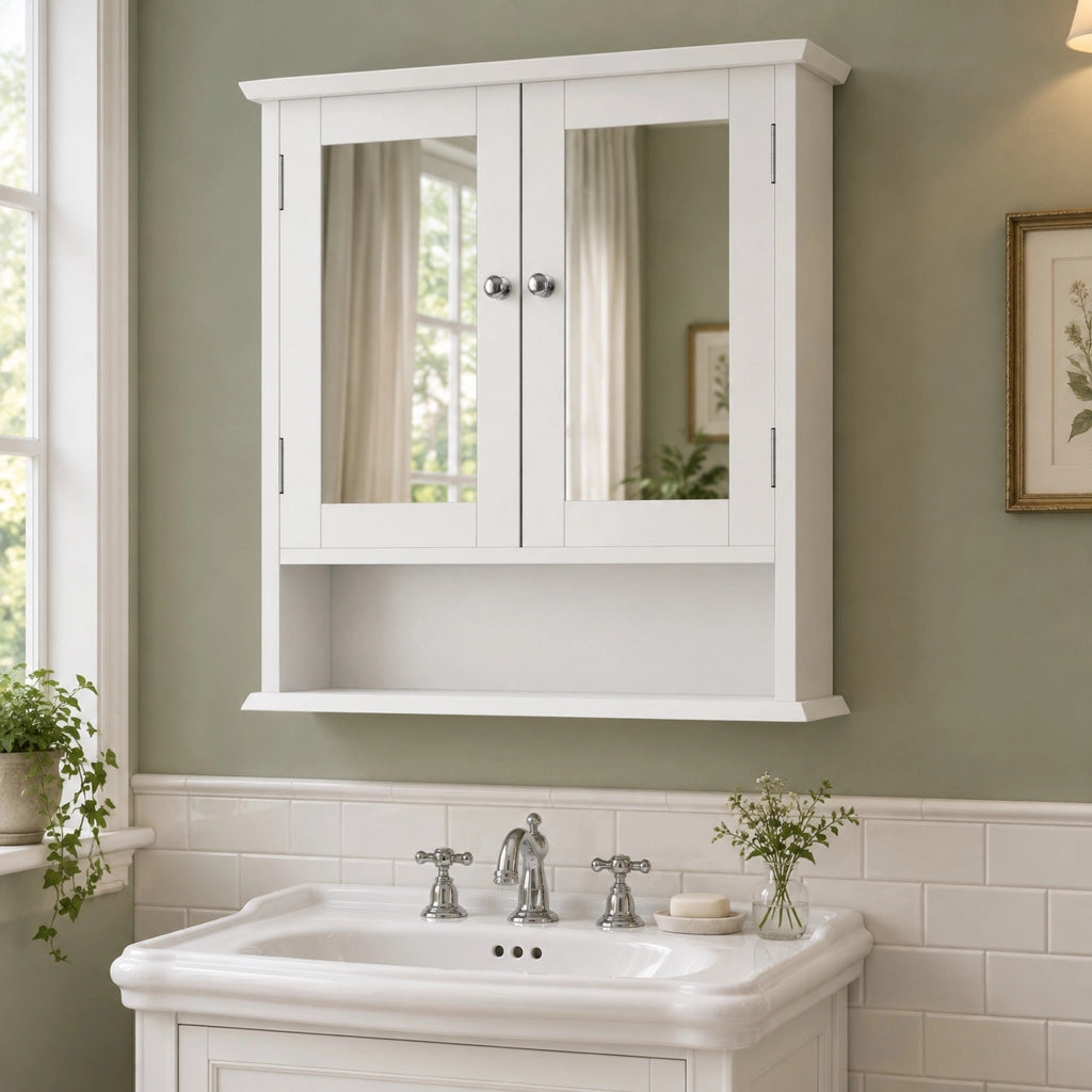 Mobile bagno sospeso 54,6x19,8x60 cm con specchio e ripiani in MDF bianco