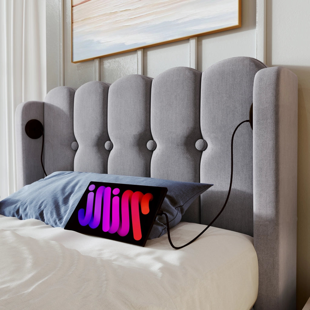 Letto singolo imbottito grigio con ricarica USB e Tipo-C 90x200 cm