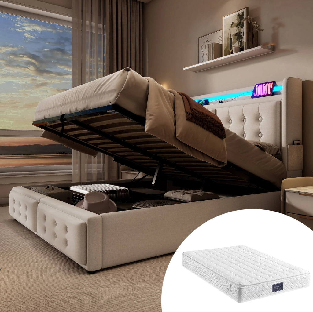 Letto imbottito 140x200 cm con LED; USB e Type-C; beige