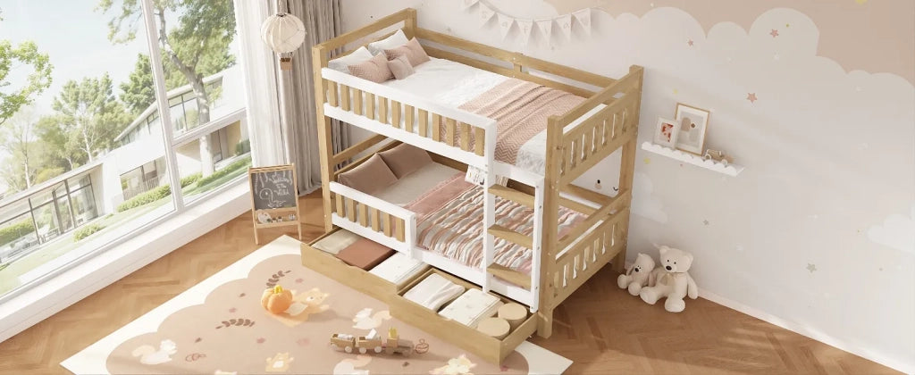 Letto a castello in legno 90x200 cm, bianco/naturale, divisibile in 2 letti singoli, con scala, protezione anticaduta rialzata e 2 cassetti