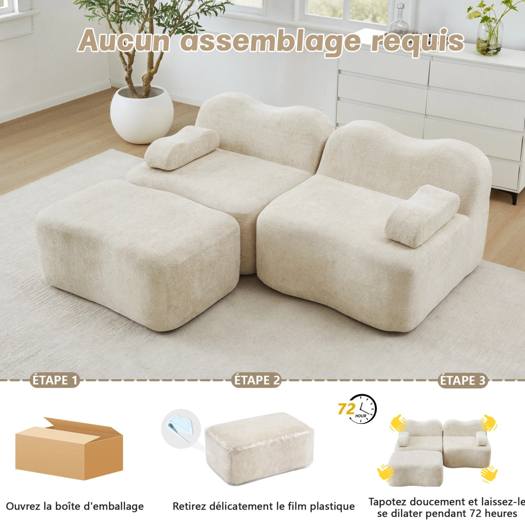 Divano modulare 2 posti con 2 pouf, schiuma ad alta densità 32D, rivestimento in velluto beige, ideale per soggiorno e appartamenti