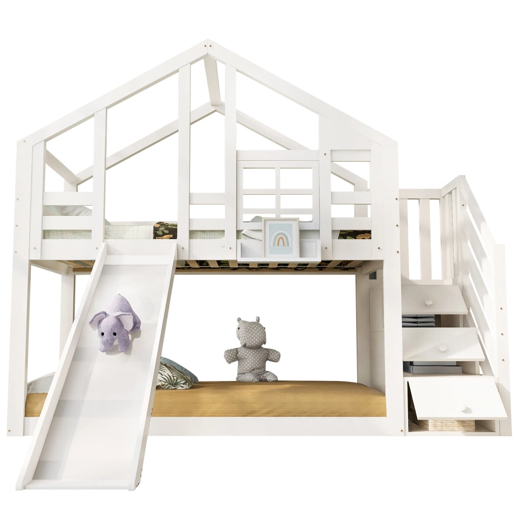 Letto a castello per bambini 90x200 cm con scivolo bianco