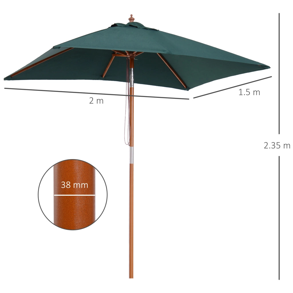 Ombrellone da Giardino 2x1.5 m Inclinabile con Palo in Legno 6 Stecche e Apertura a Corda, Verde