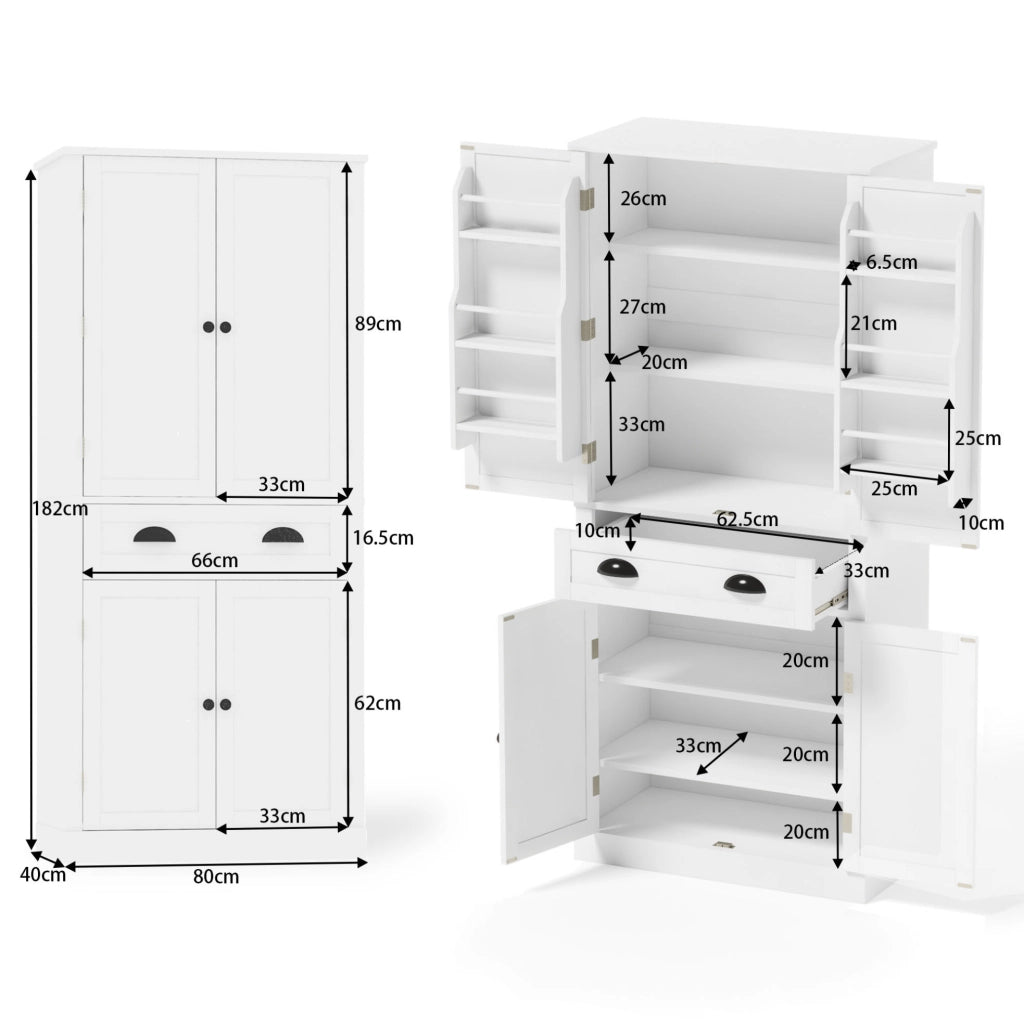 Credenza alta da cucina 80x40x182 cm con 4 ante; cassetto e ripiani regolabili in MDF bianco