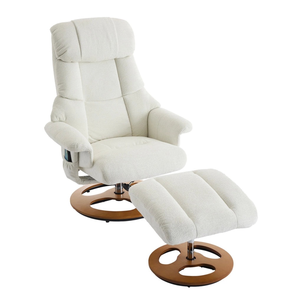 Poltrona relax con funzione massaggio e riscaldamento, girevole 360°, rivestita in tessuto chenille bianco, con poggiapiedi