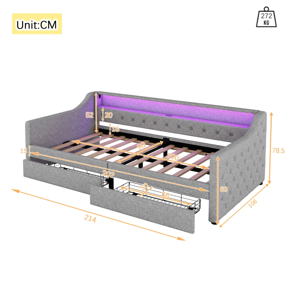 LETTO Giorno 90x200 cm in lino e MDF grigio con LED, USB e 2 cassetti