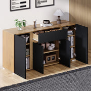 Sideboard in MDF 140x35x70 cm con 4 porte e 2 cassetti, design moderno nero e legno naturale