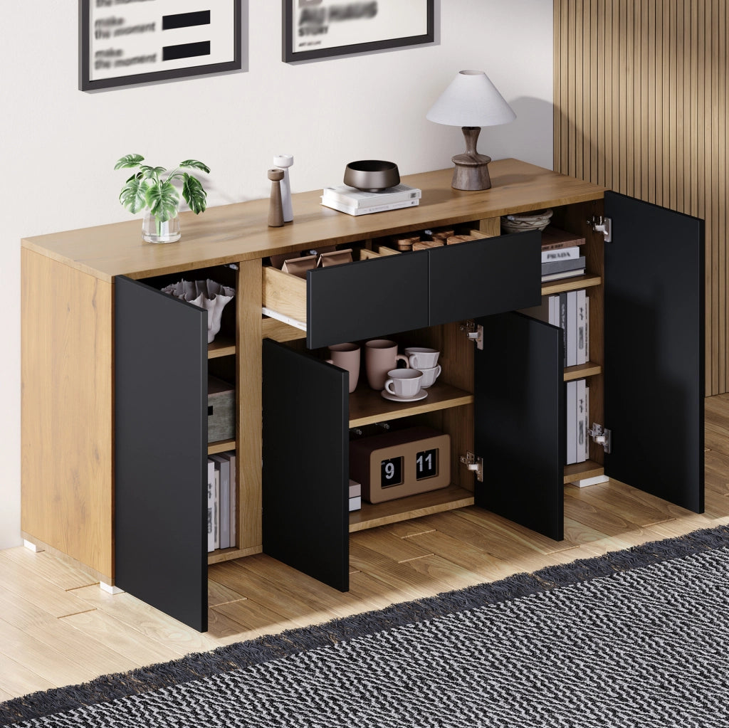 Sideboard in MDF 140x35x70 cm con 4 porte e 2 cassetti, design moderno nero e legno naturale