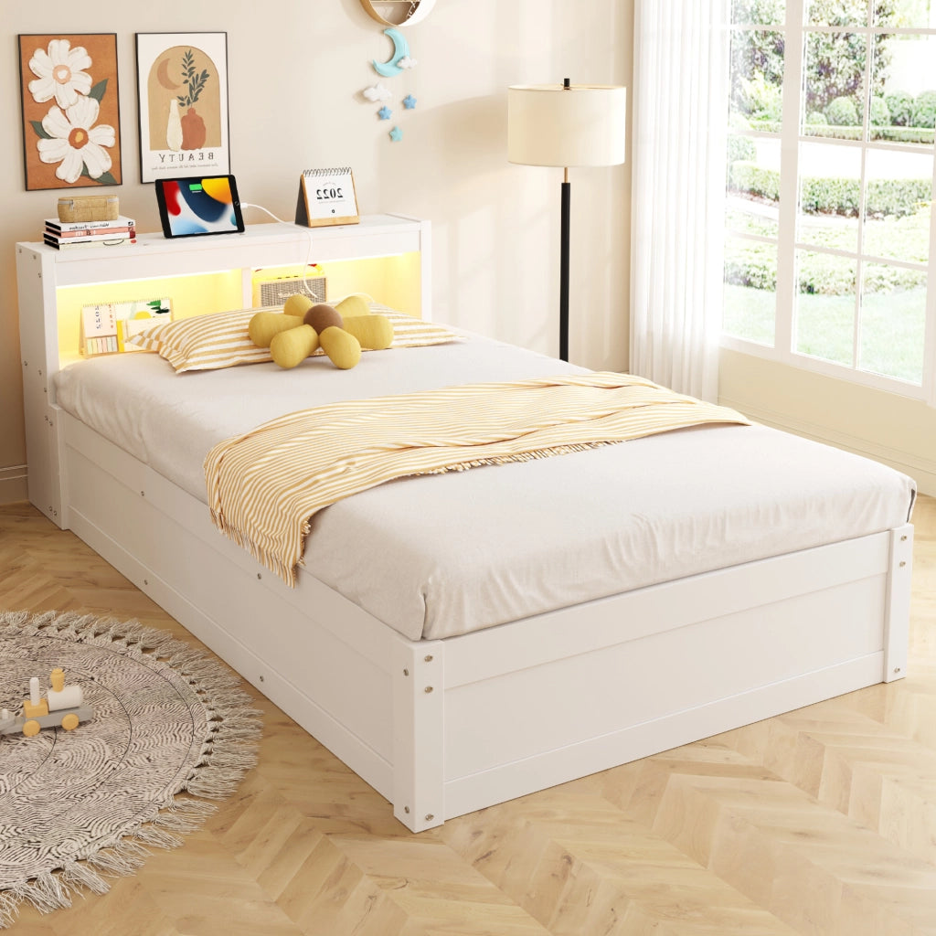 LETTO Multifunzionale 90x200 cm MDF Bianco con presa e LED