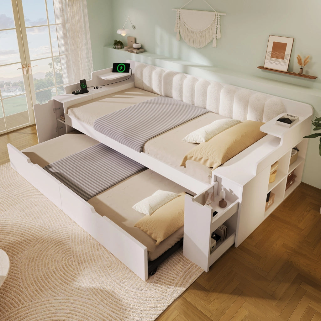 Letto estraibile 90x200 cm; divano letto con secondo letto; rete a doghe metalliche; stazione di ricarica; contenitore; sherpa; bianco