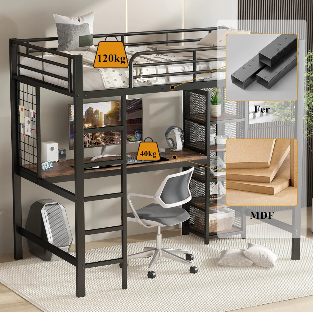 Letto a soppalco in ferro e MDF con scrivania e armadietto, 90x200 cm, nero e legno scuro