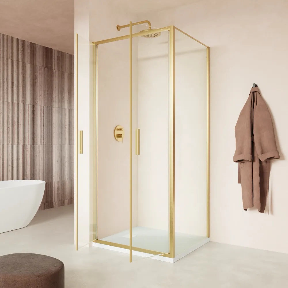 Box doccia slim 100x70cm con apertura saloon e parete fissa profili oro spazzolato e vetro 6mm trasparente anticalcare h190| Portofino