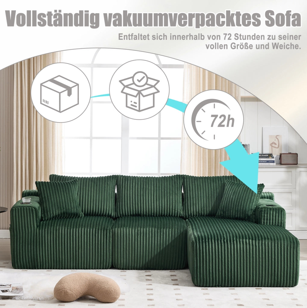 Divano modulare smeraldo con chaise longue, portabevande e 5 cuscini