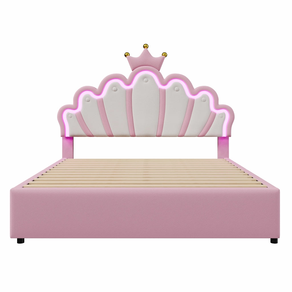 Letto con cassetti 140 × 200 cm con testiera regolabile LED telecomandato in PU rosa con corona
