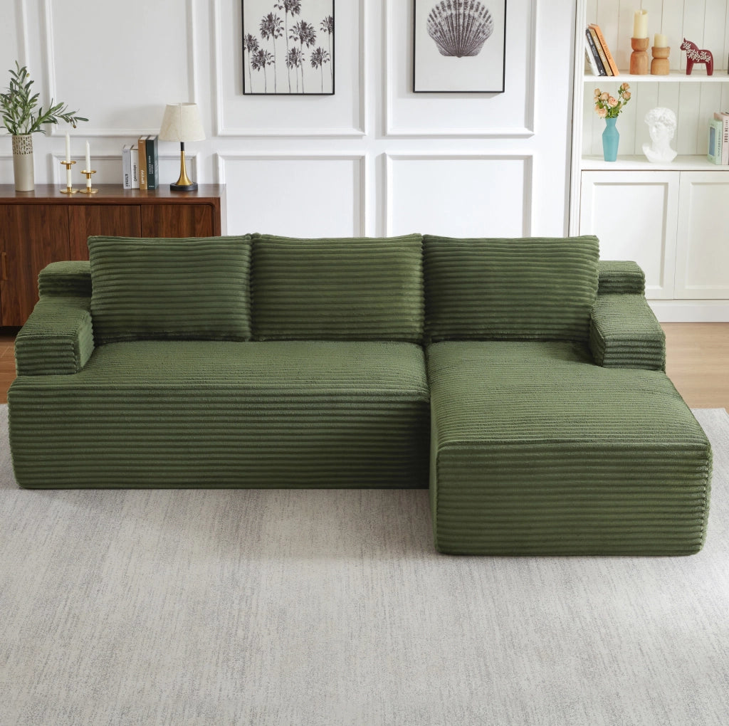 Divano angolare a L 238x152x66 cm in velluto a coste verde, senza montaggio