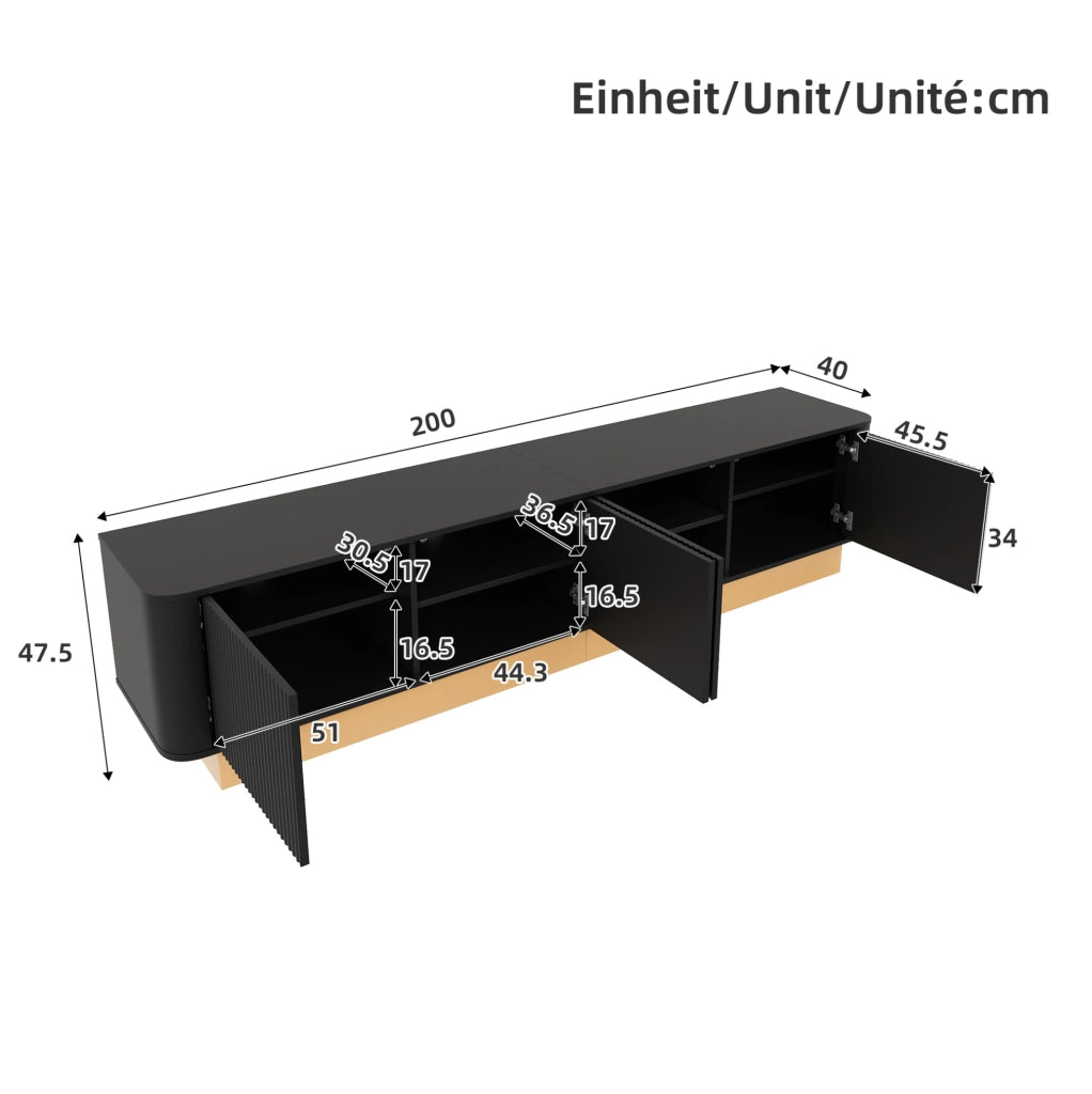 Mobile TV 200x40x47,5 cm a 4 ante in MDF nero con ripiani regolabili
